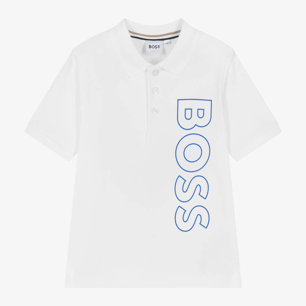 BOSS - Boys White Cotton Polo Shirt | Childrensalon