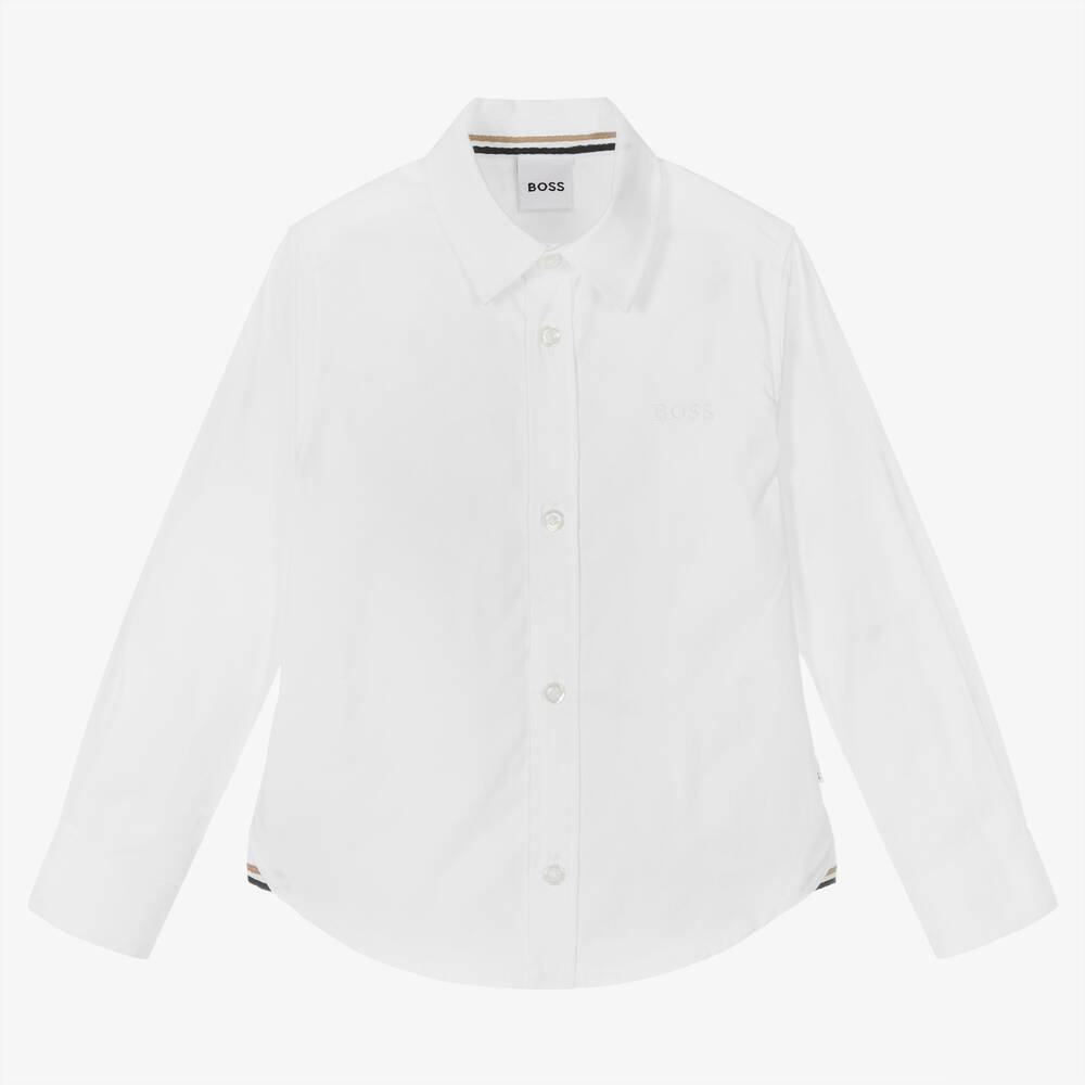 BOSS - قميص قطن بولين لون أبيض للأولاد | Childrensalon