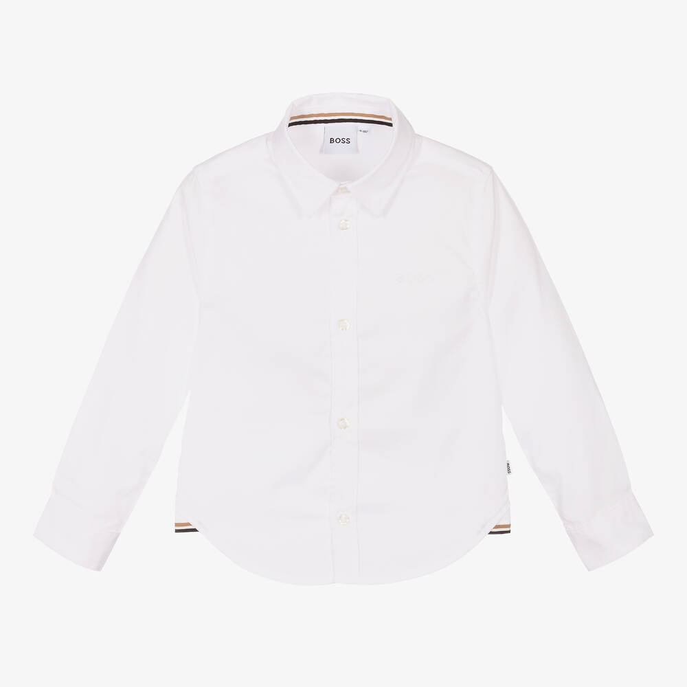 BOSS - قميص قطن أكسفورد لون أبيض للأولاد | Childrensalon