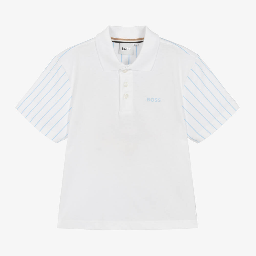BOSS - Boys White Cotton Striped Polo Shirt | Childrensalon