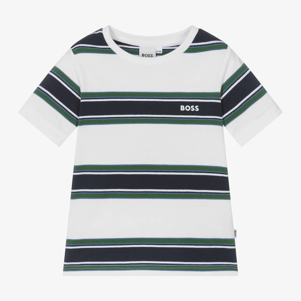 BOSS - Boys White Cotton Striped T-Shirt | Childrensalon
