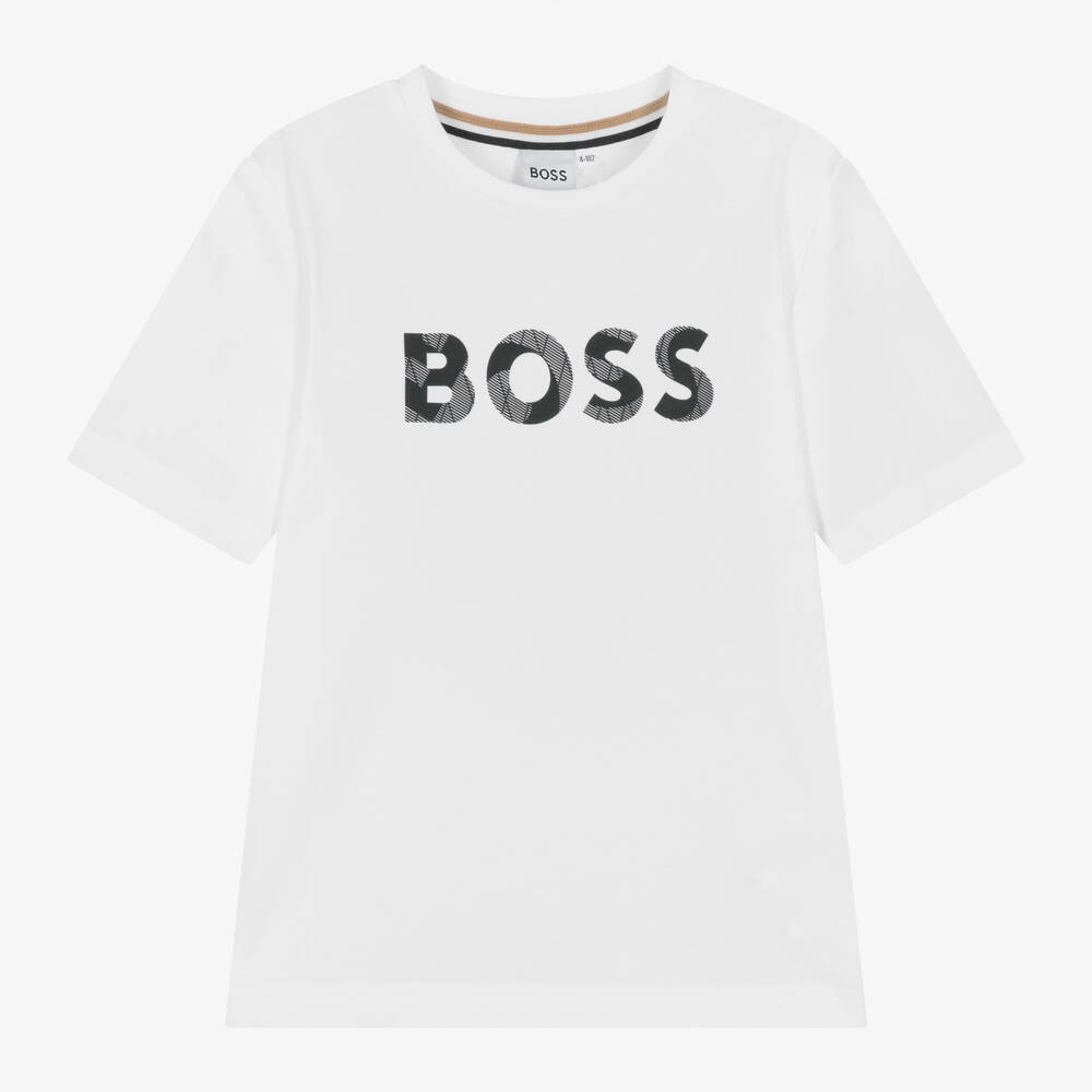 BOSS - تيشيرت قطن جيرسي لون أبيض للأولاد | Childrensalon