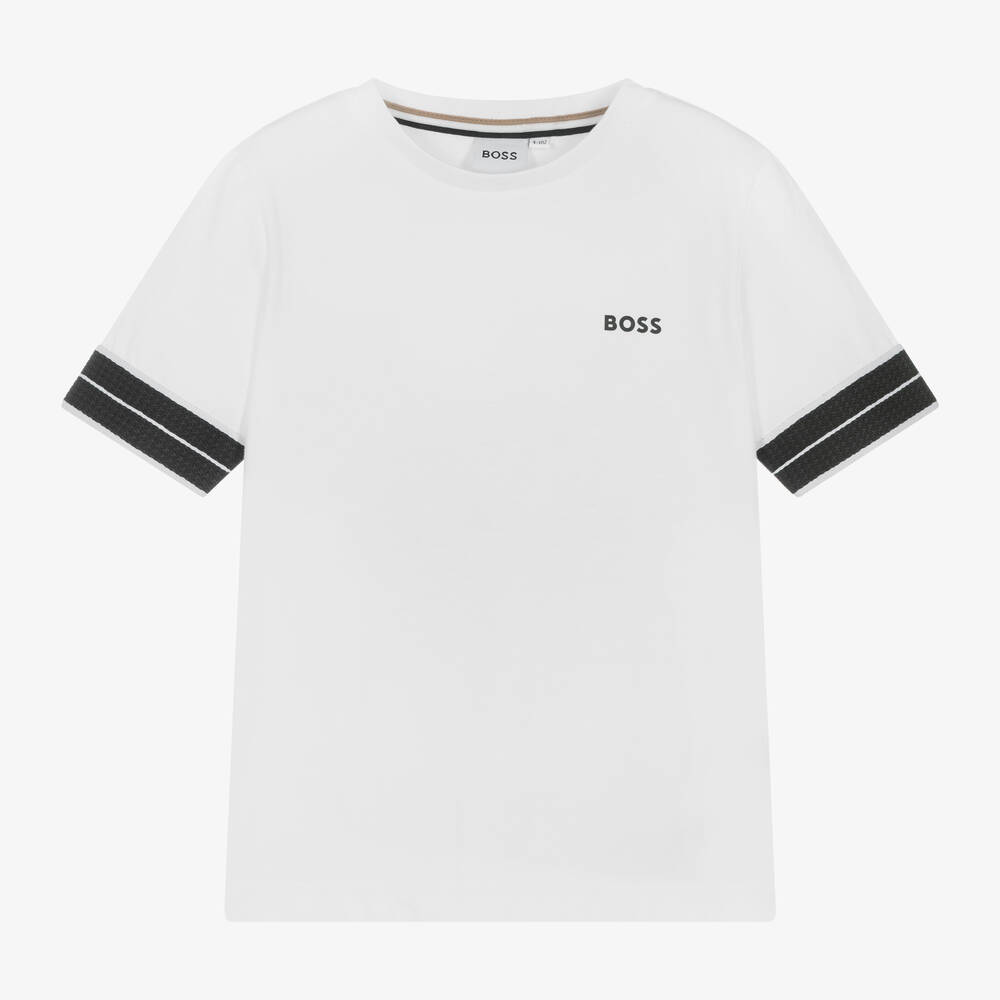 BOSS - Boys White Cotton T-Shirt | Childrensalon