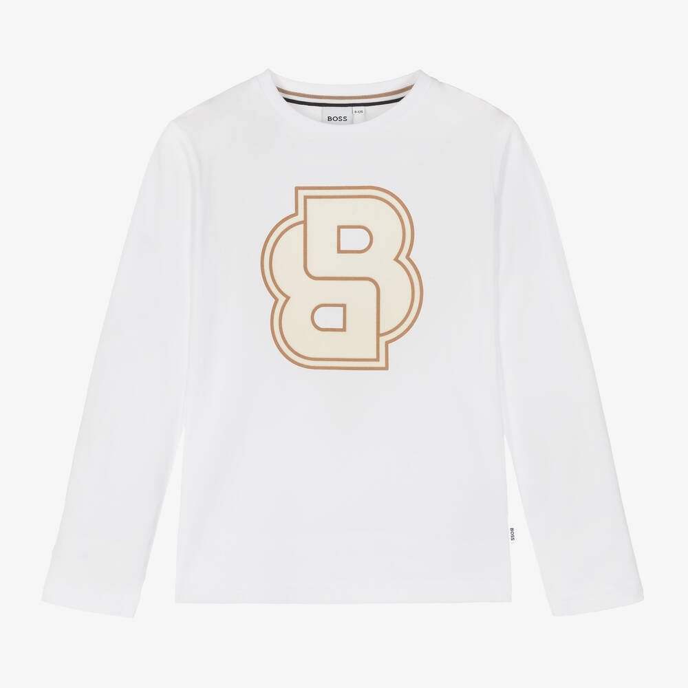 BOSS - Boys White Double B Cotton Top | Childrensalon