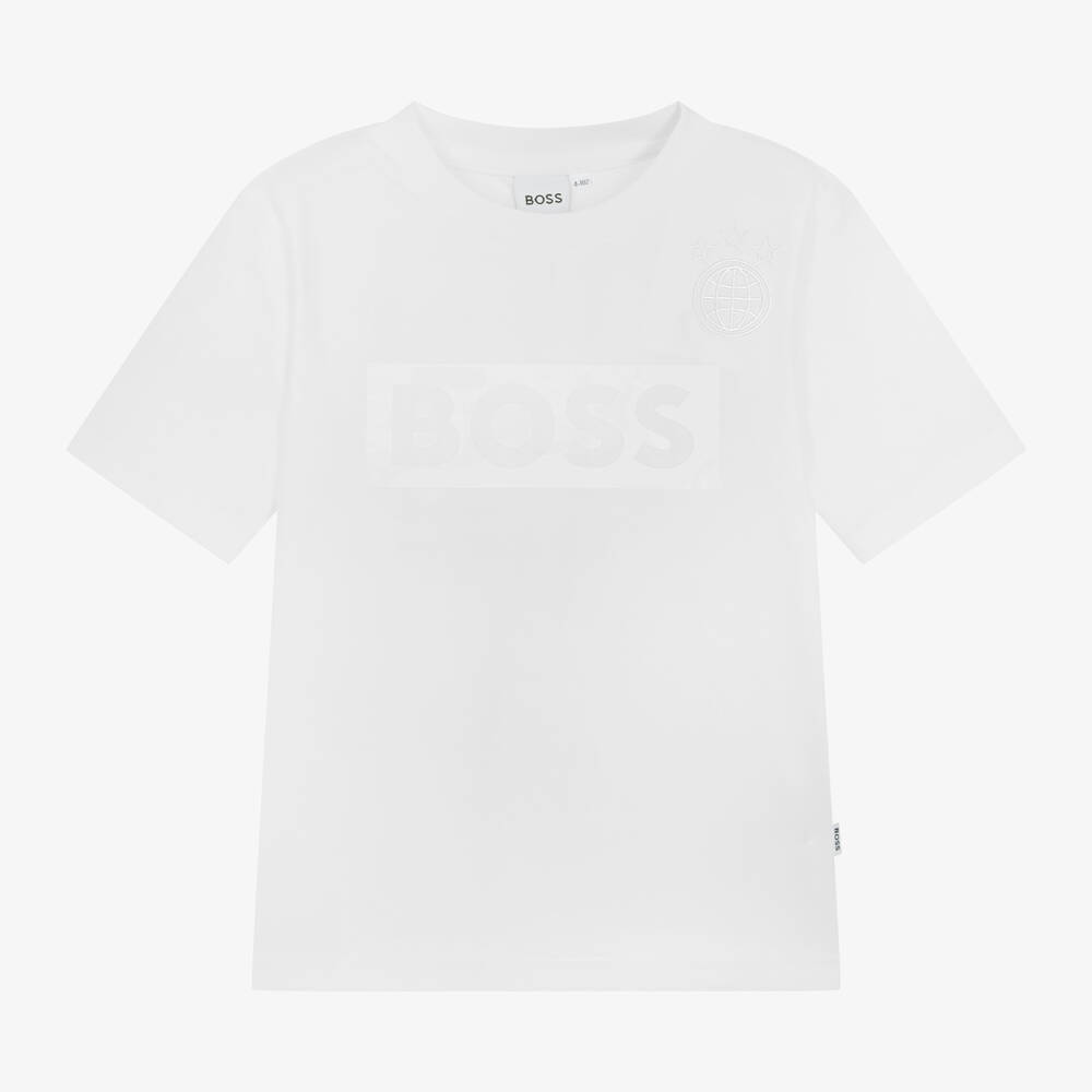 BOSS - Boys White Football T-Shirt | Childrensalon