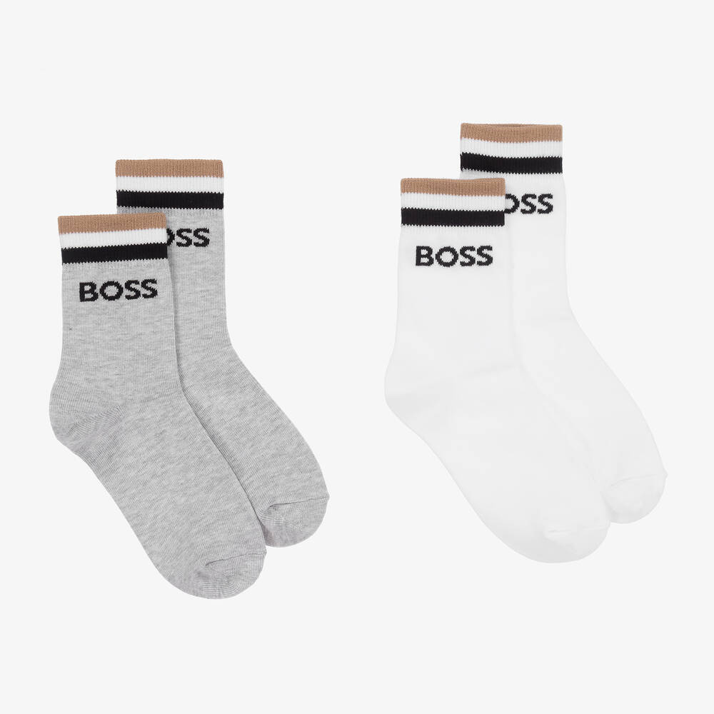 BOSS - Boys White & Grey Cotton Socks (2 Pack) | Childrensalon
