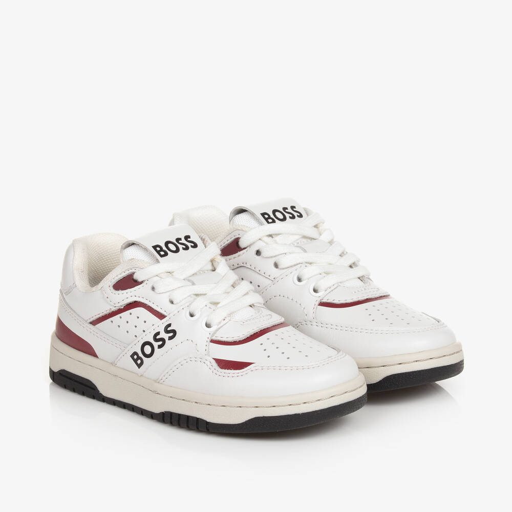 BOSS - Boys White Leather Trainers | Childrensalon