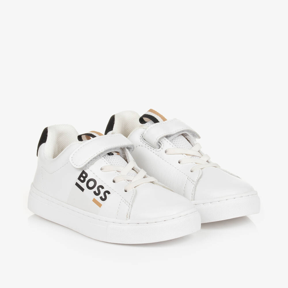 BOSS - Boys White Leather Velcro Trainers | Childrensalon