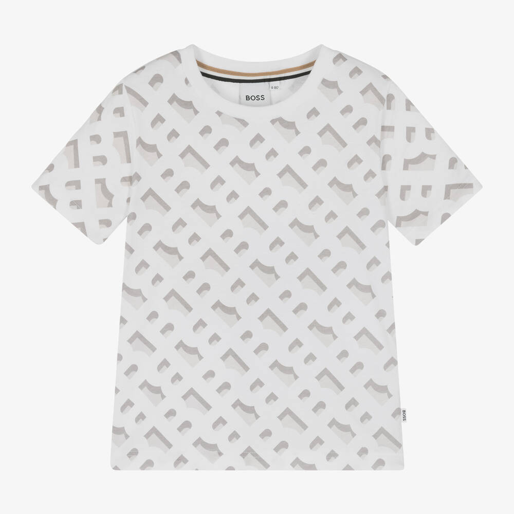 Shop Hugo Boss Boss Boys White Monogram Cotton T-shirt