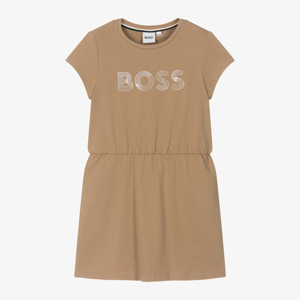 BOSS - Girls Beige Cotton Jersey T-Shirt Dress | Childrensalon