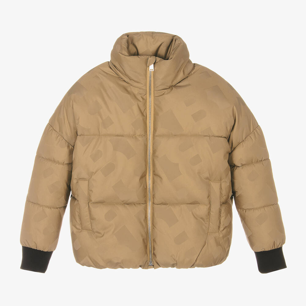 BOSS - Girls Beige Monogram Puffer Jacket | Childrensalon