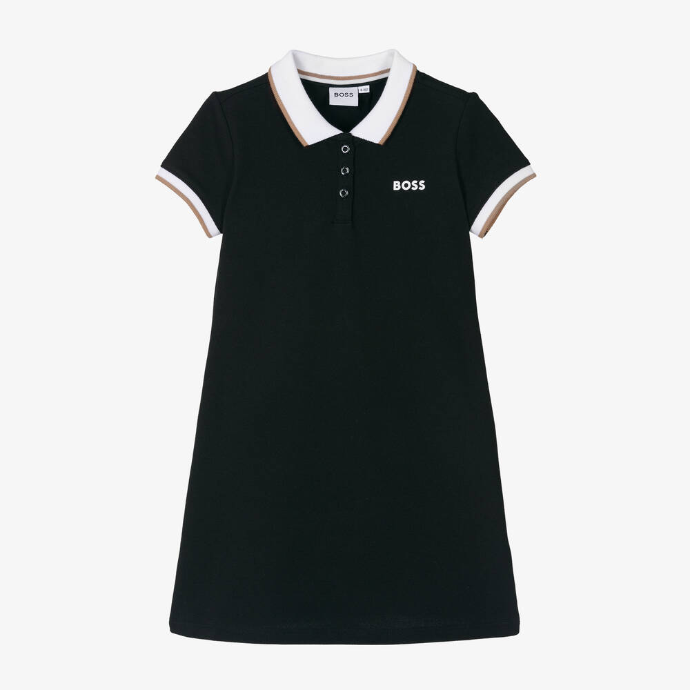 BOSS - Girls Black Cotton Polo Dress | Childrensalon