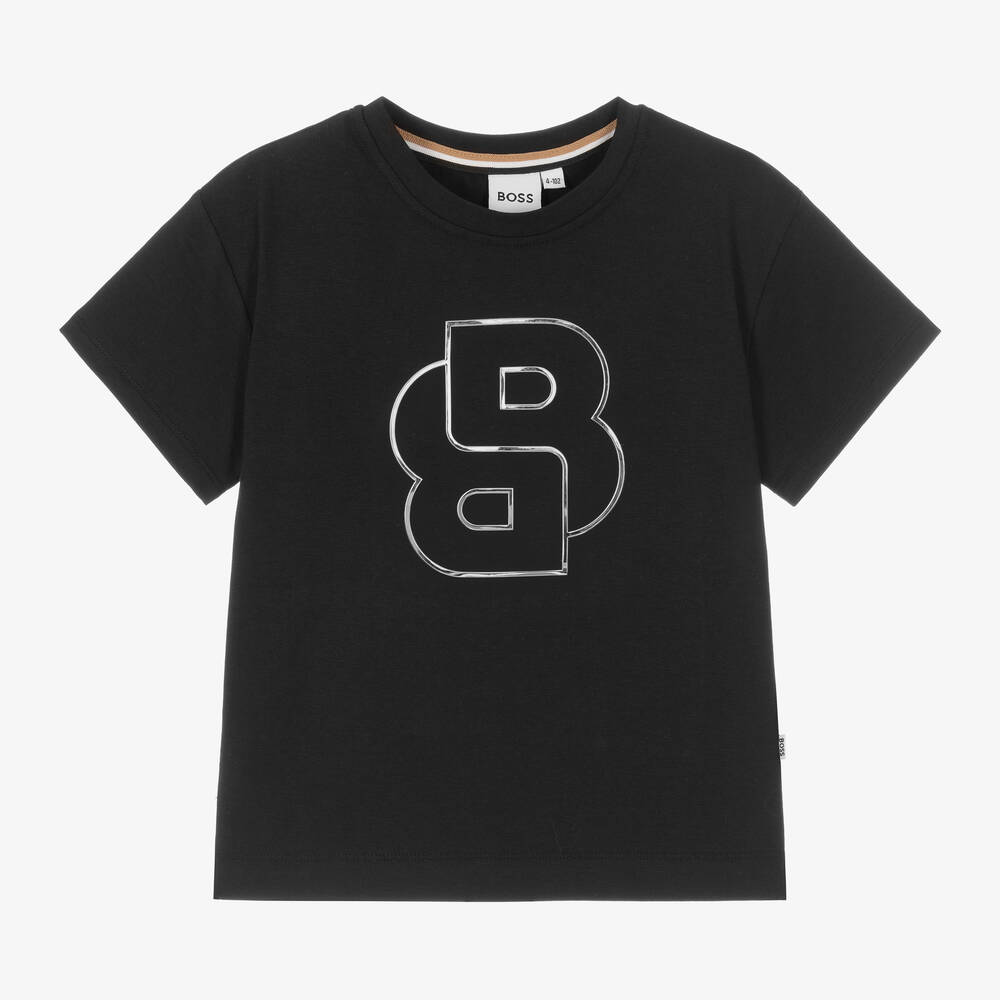 BOSS - Girls Black Double B Monogram T-Shirt | Childrensalon