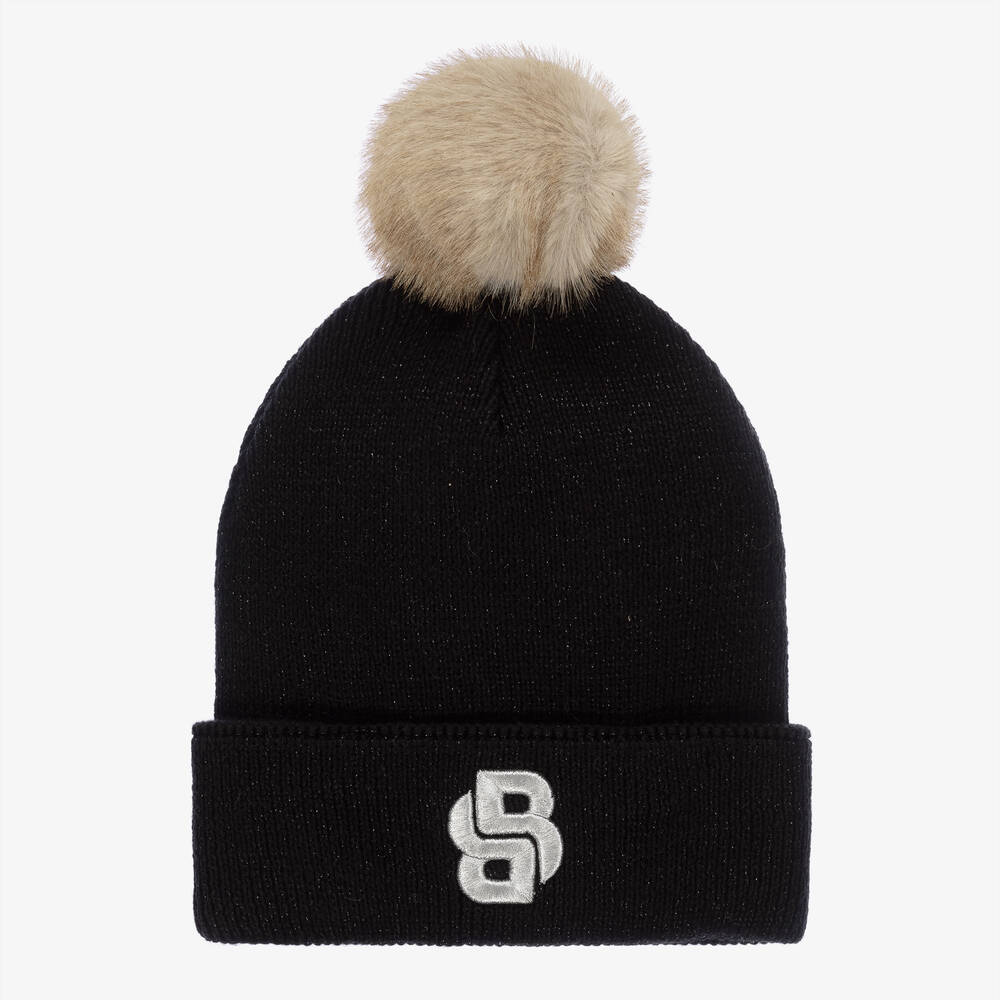 BOSS - Girls Black Knitted Pom-Pom Hat | Childrensalon