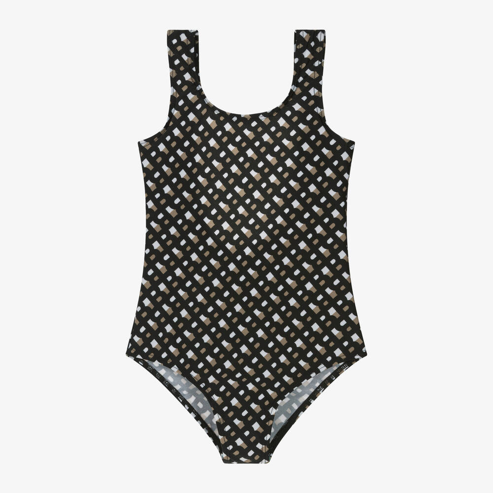 BOSS - Girls Black Monogram Swimsuit | Childrensalon