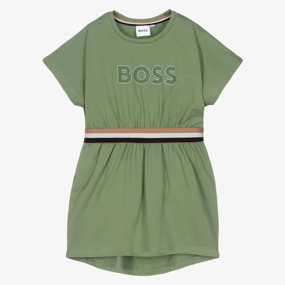 Boss Kids' Girls Green Cotton Logo Dress | ModeSens