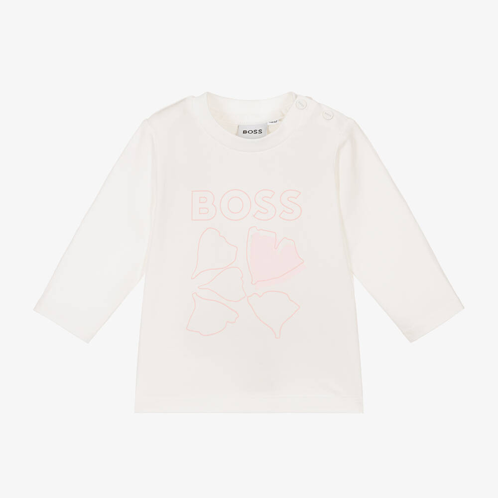 BOSS - Girls Ivory Cotton Ginkgo Leaf Top | Childrensalon