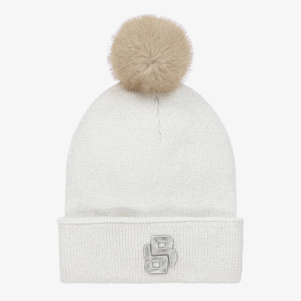 BOSS - Girls Ivory Knitted Pom-Pom Hat | Childrensalon