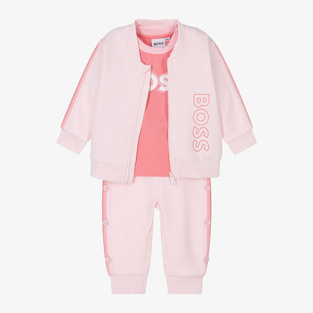 BOSS - Girls Pink Cotton Tracksuit Set | Childrensalon