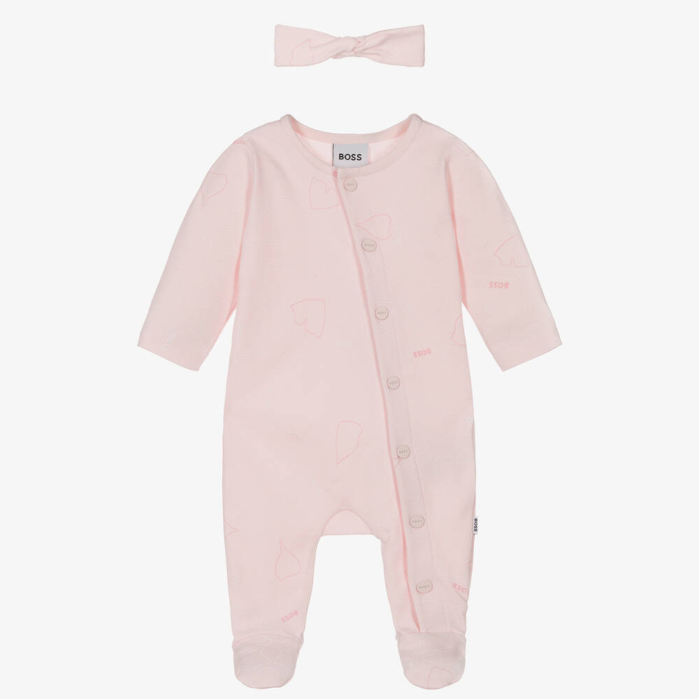 BOSS - Girls Pink Ginkgo Leaf Babysuit Set | Childrensalon