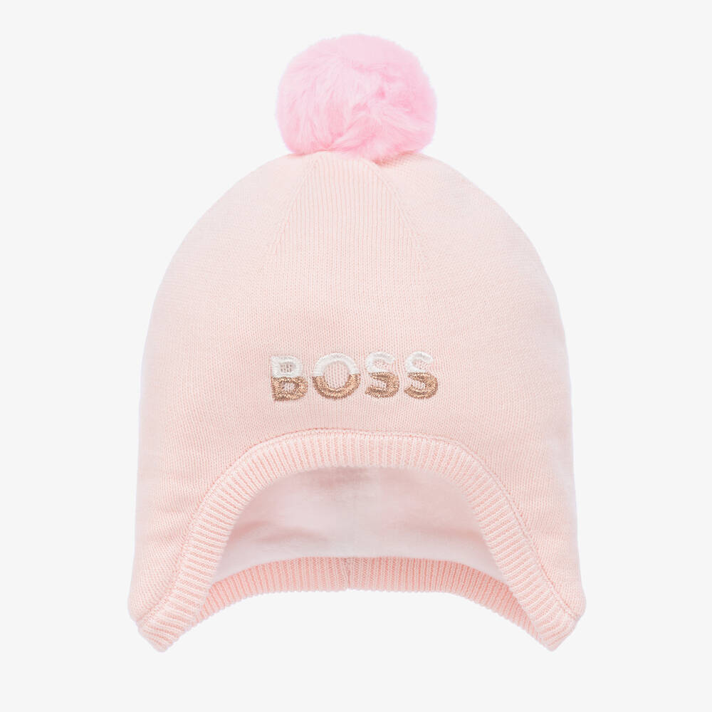 BOSS - Girls Pink Knitted Pom-Pom Hat | Childrensalon