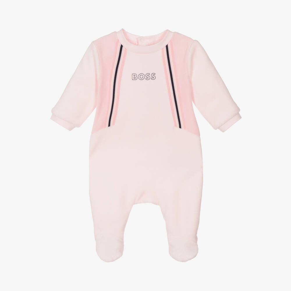 BOSS - Girls Pink Velour Babygrow | Childrensalon