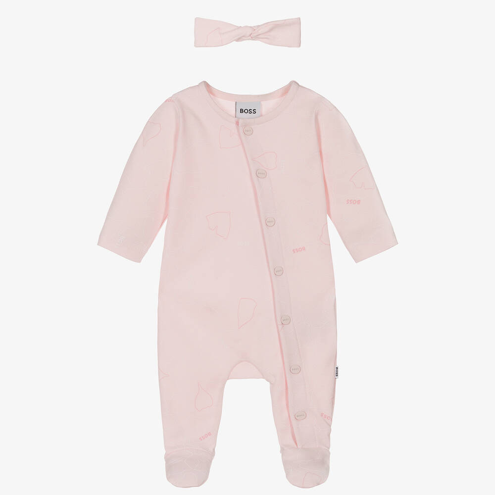BOSS - Girls Pink Velour Ginkgo Leaf Babysuit Set | Childrensalon
