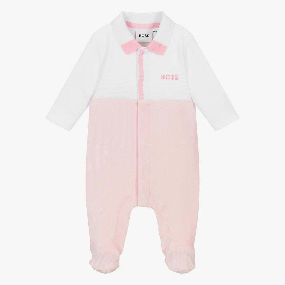 BOSS - Girls Pink & White Corduroy Babygrow | Childrensalon