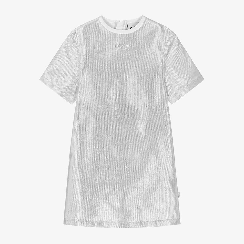 BOSS - Girls Silver Metallic T-Shirt Dress | Childrensalon