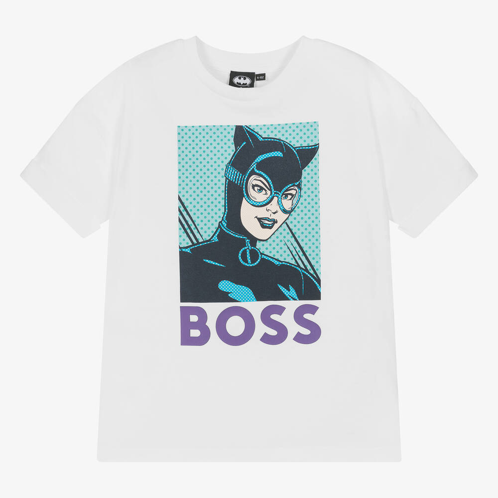 BOSS - Girls White Cotton Batgirl T-Shirt | Childrensalon