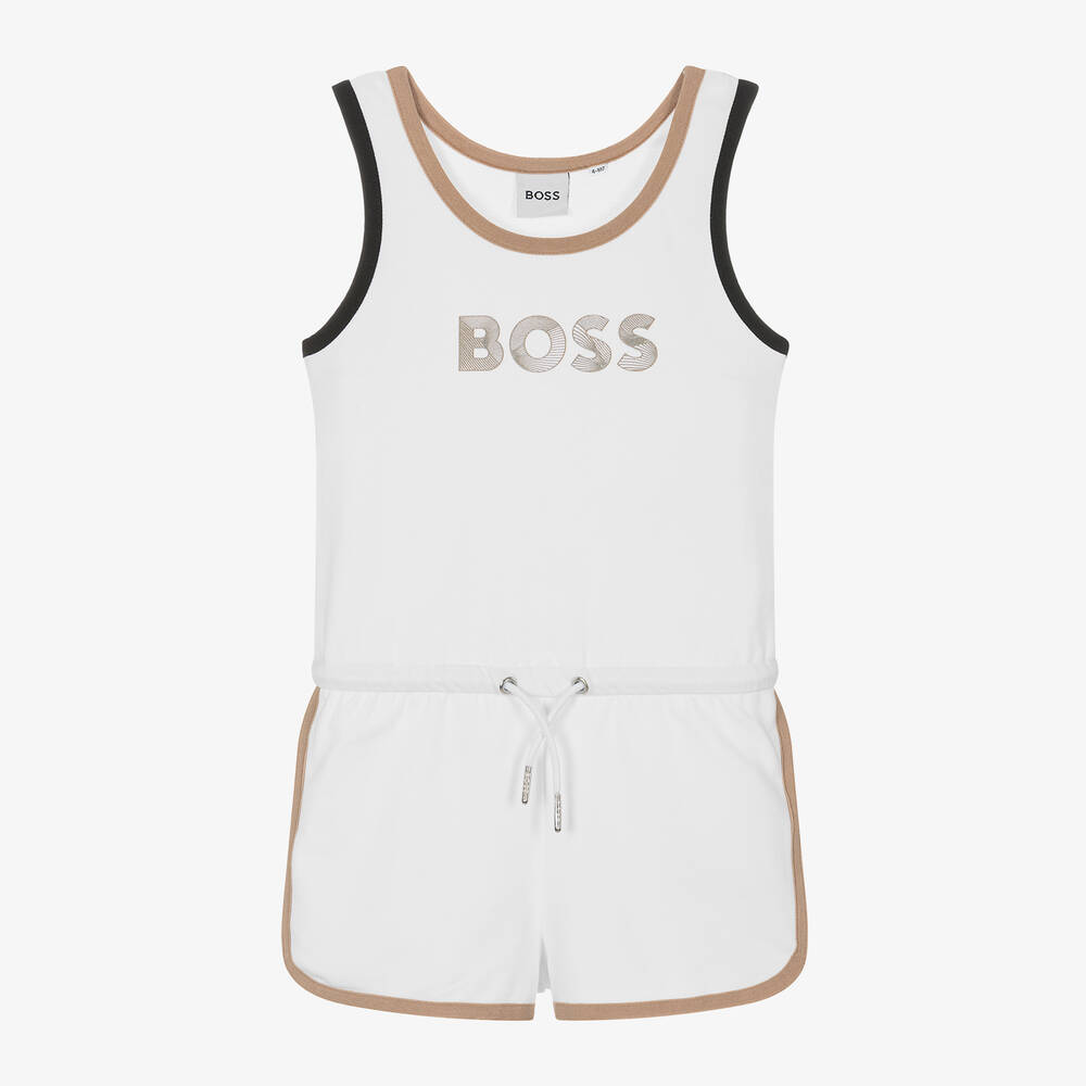 BOSS - Girls White Cotton Jersey Playsuit | Childrensalon