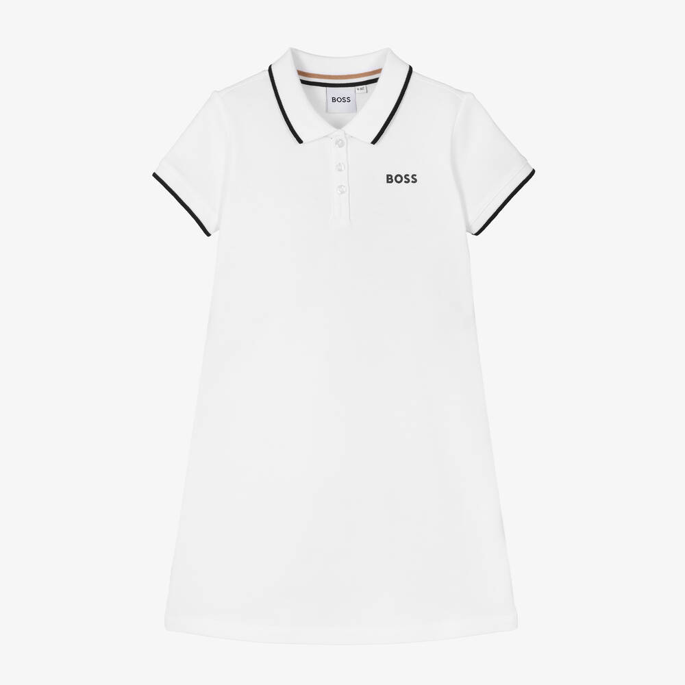 BOSS - Girls White Cotton Polo Dress | Childrensalon