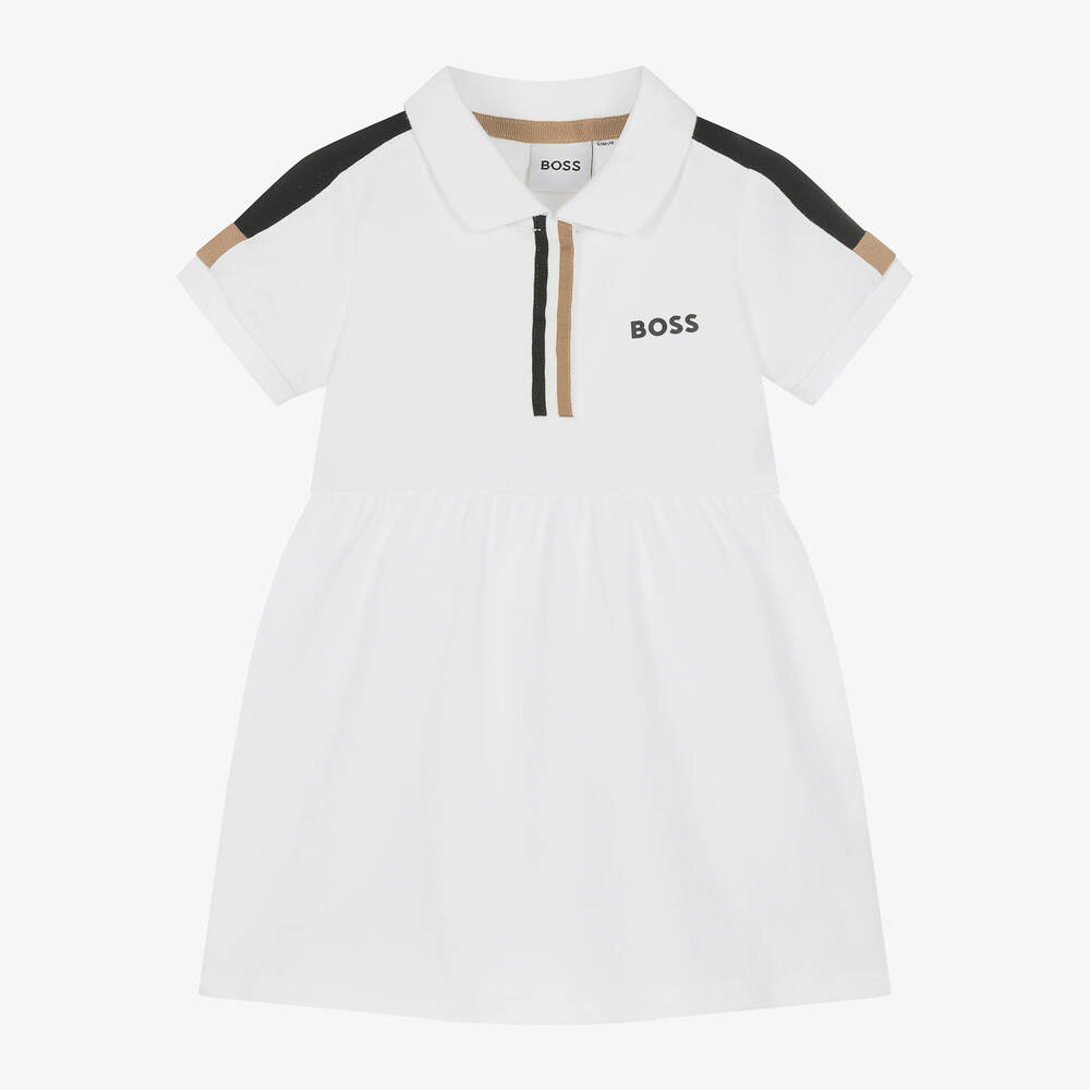 BOSS - Girls White Cotton Polo Shirt Dress | Childrensalon