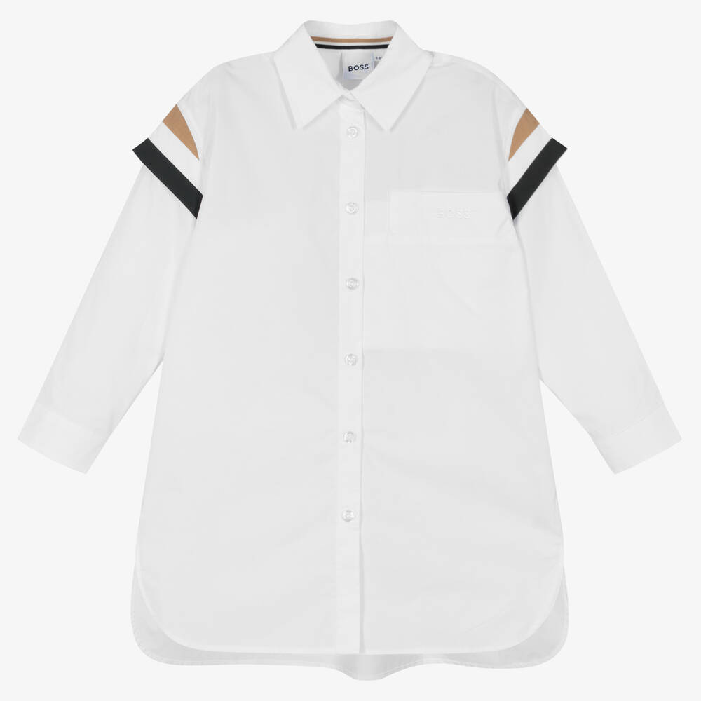 BOSS - فستان قميص قطن بوبلين لون أبيض | Childrensalon