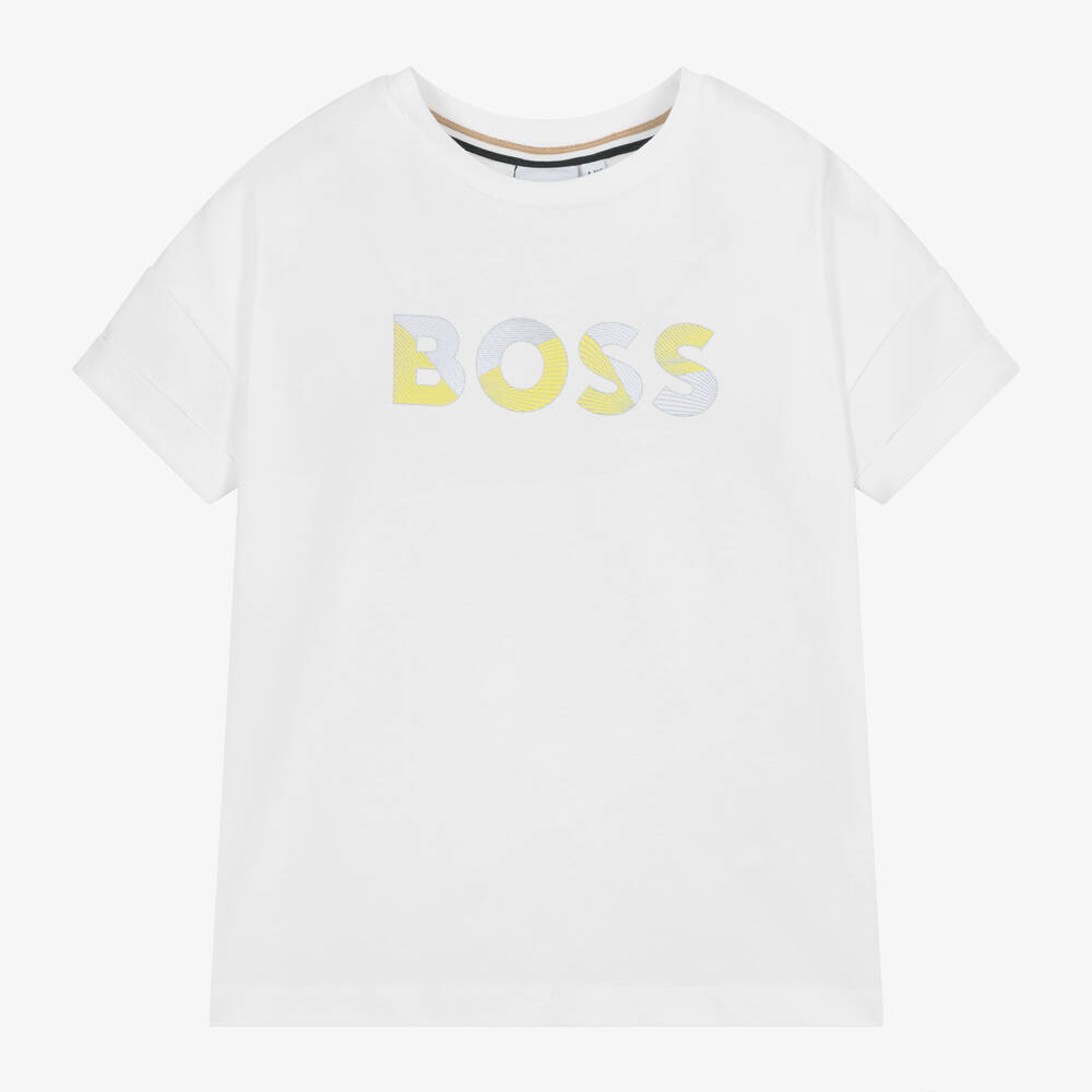 BOSS - Girls White Cotton T-Shirt | Childrensalon
