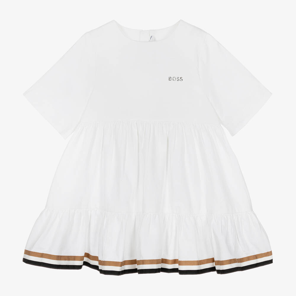 BOSS - Girls White Cotton & Viscose Twill Dress | Childrensalon