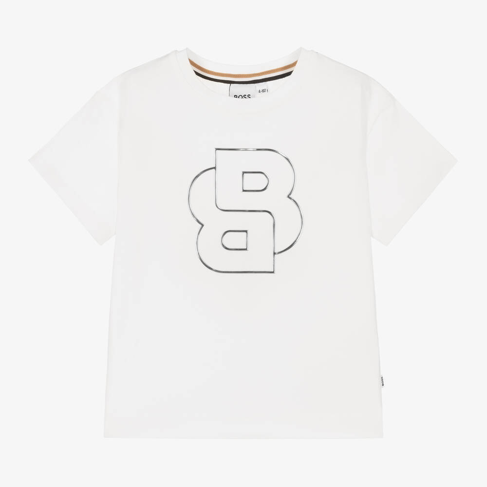 BOSS - Girls White Double B Monogram T-Shirt | Childrensalon