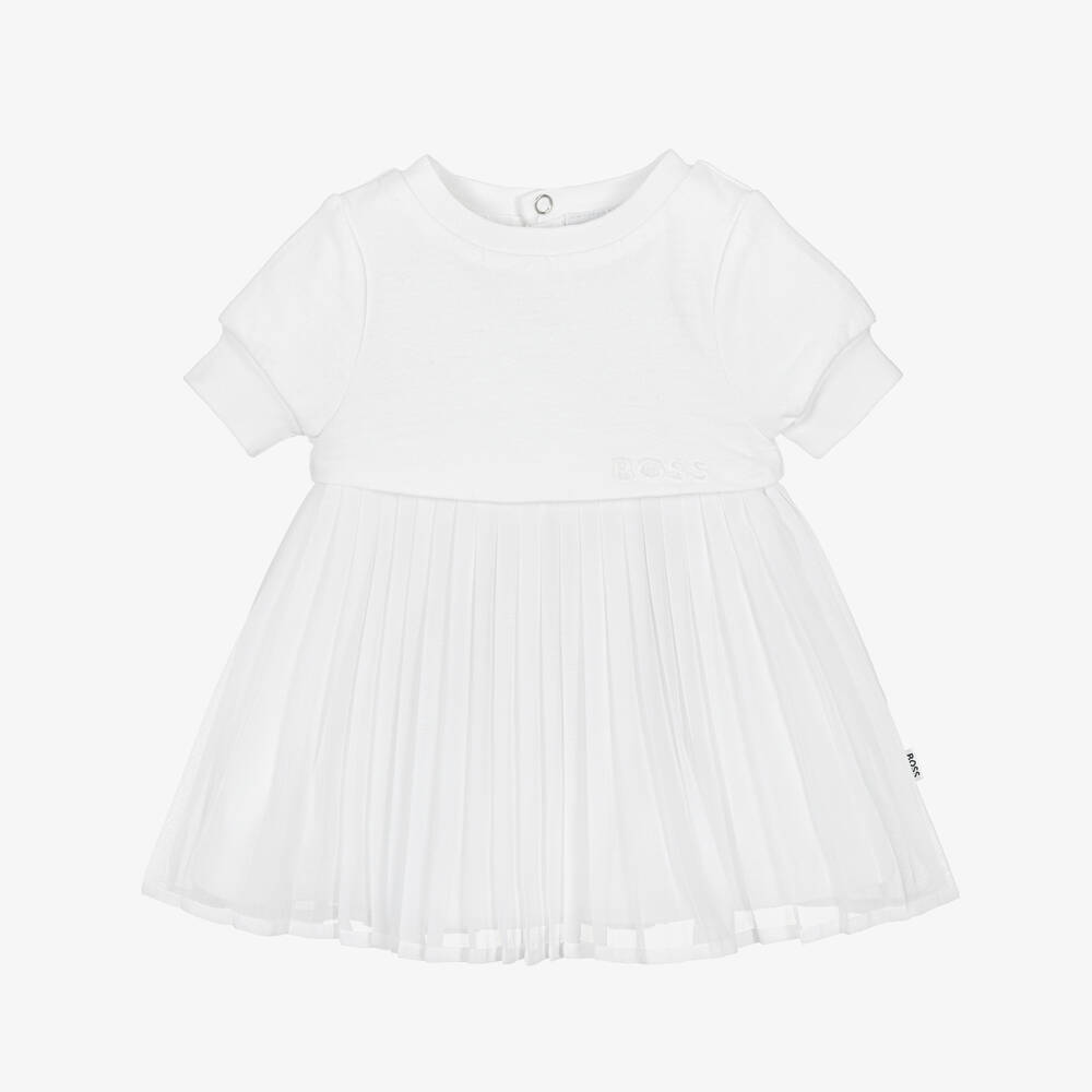 BOSS - فستان بكسرات أطفال بناتي قطن وشيفون لون أبيض | Childrensalon
