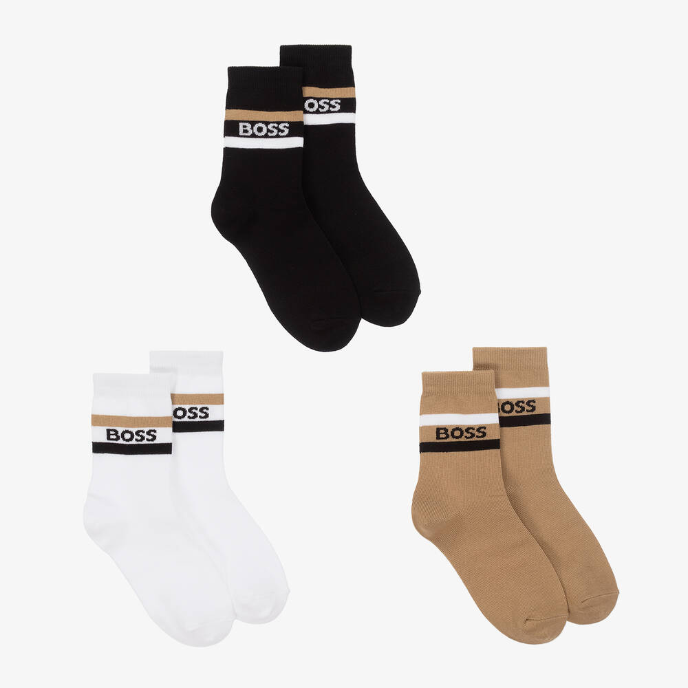 BOSS - Junior Boys Black & Beige Socks (3 Pack)  | Childrensalon