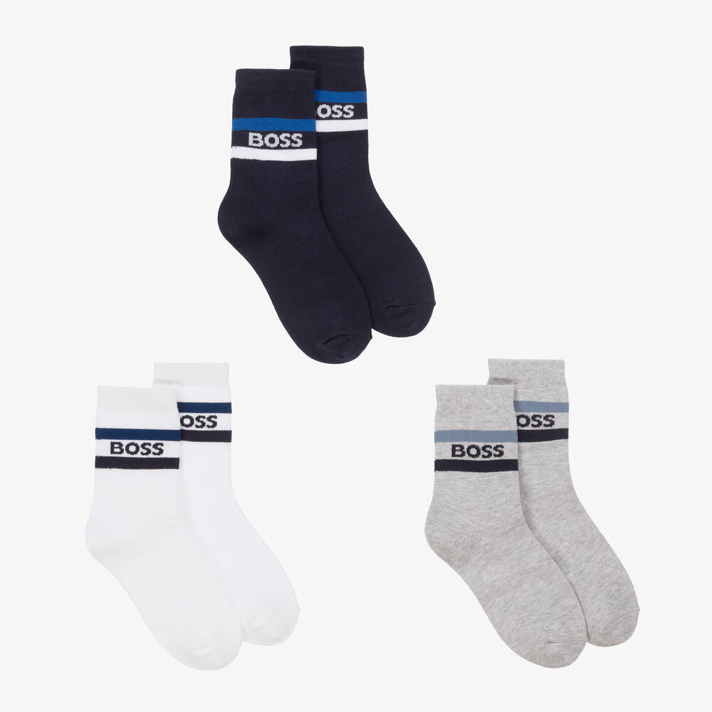 BOSS - Junior Boys Navy Blue & Grey Socks (3 Pack)  | Childrensalon