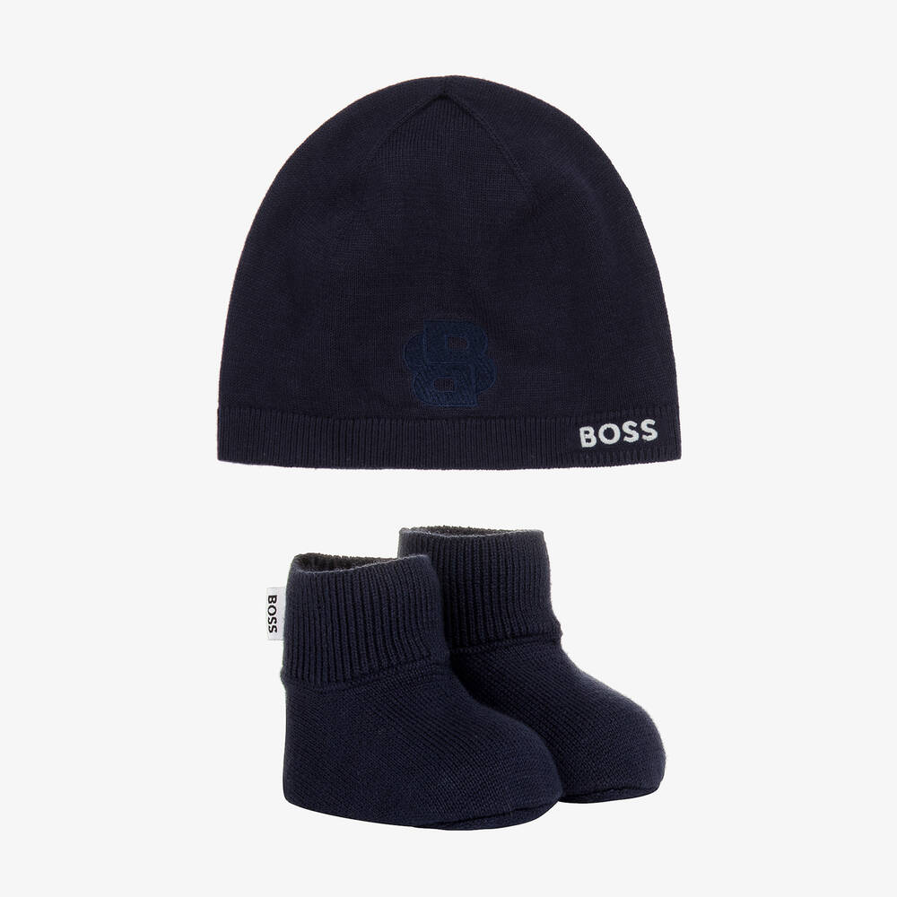 BOSS - Navy Blue Cotton Baby Hat & Booties Set | Childrensalon