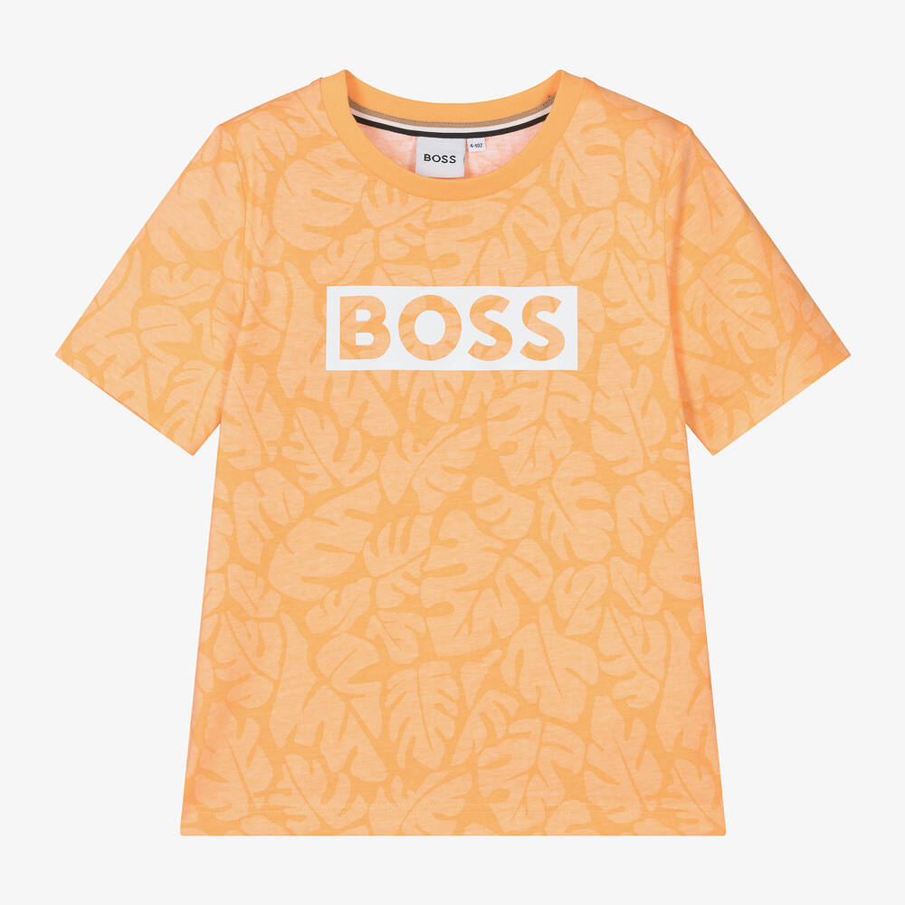 Hugo Boss Kids' Boss Boys Orange Logo Leaf Print T-shirt