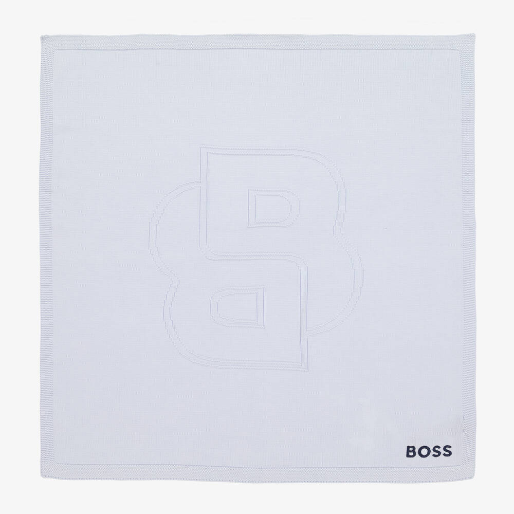 BOSS - Pale Blue Cotton Knit Baby blanket (78cm) | Childrensalon