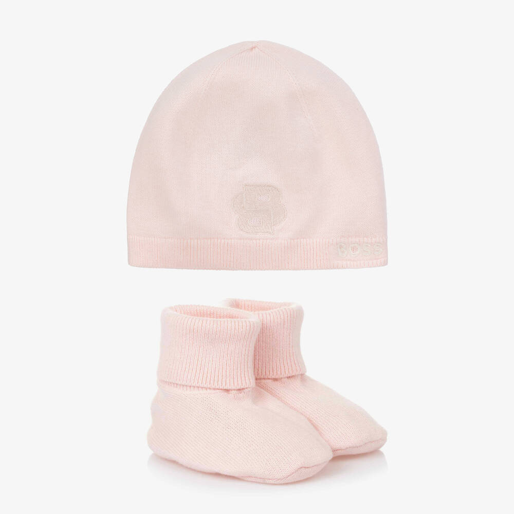 BOSS - Pink Cotton Hat & Booties Set | Childrensalon