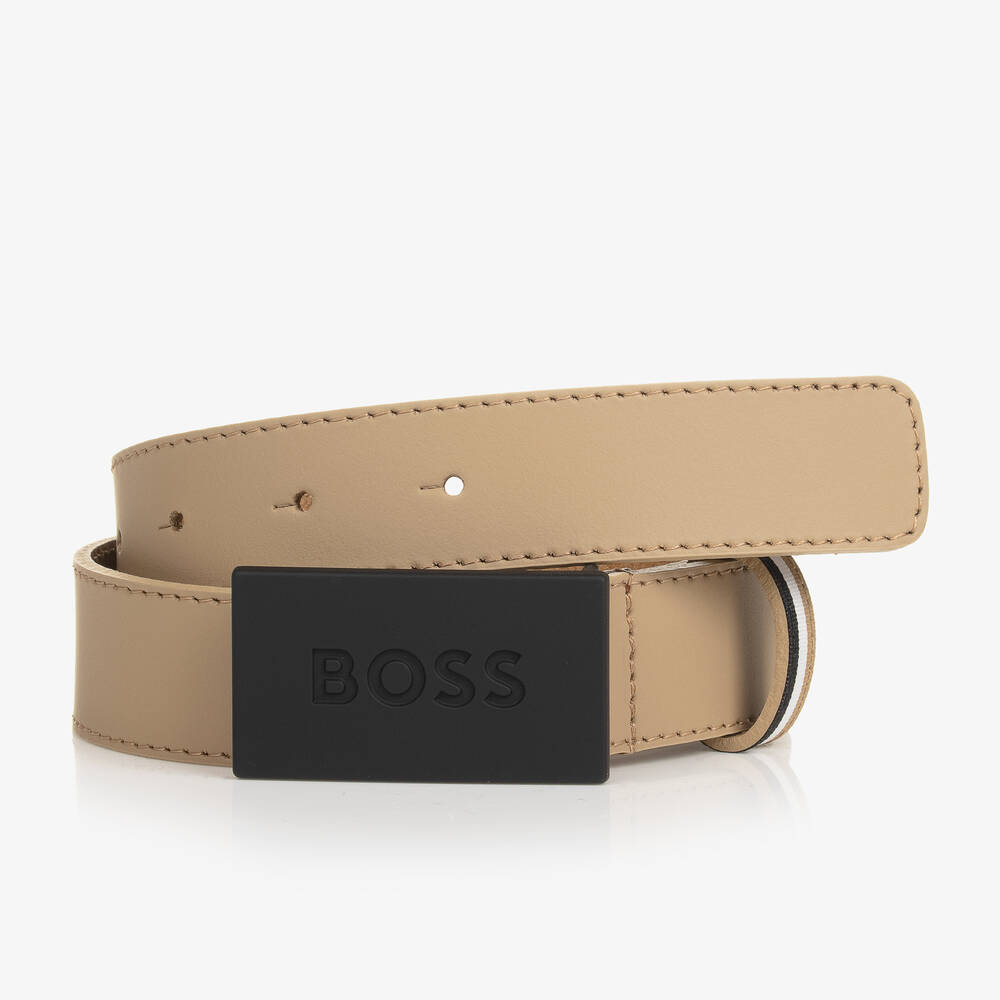 BOSS - حزام جلد لون بيج داكن للمراهقين | Childrensalon