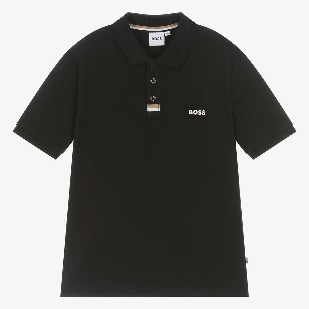 BOSS - Teen Boys Black Cotton Piqué Polo Shirt | Childrensalon