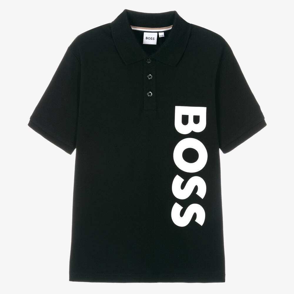 BOSS - Teen Boys Black Cotton Polo Shirt | Childrensalon