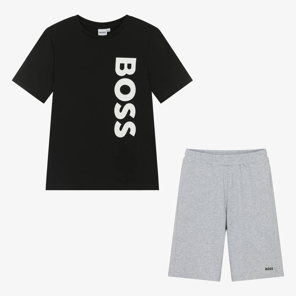 BOSS - Teen Boys Black & Grey Cotton Short Pyjamas | Childrensalon
