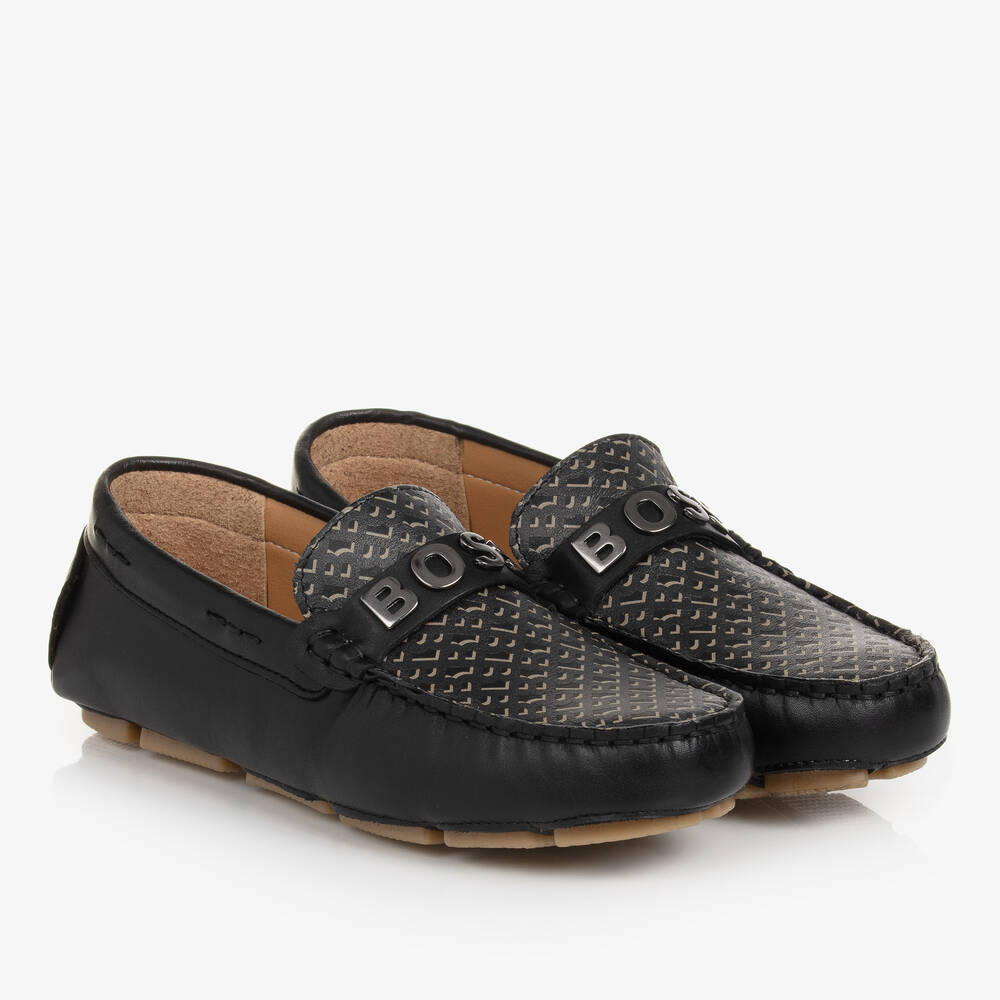 BOSS - حذاء موكاسين جلد لون أسود للمراهقين | Childrensalon