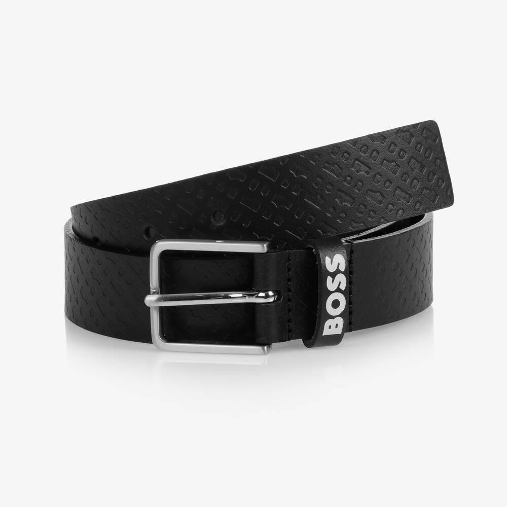BOSS - حزام تينز ولادي جلد مونوغرام لون أسود | Childrensalon